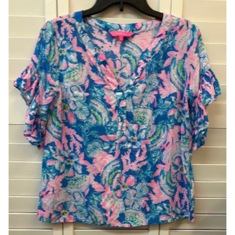 Lilly Pulitzer‎ Womens XS Tropical Floral Print Blouse With Ruffle Sleeves